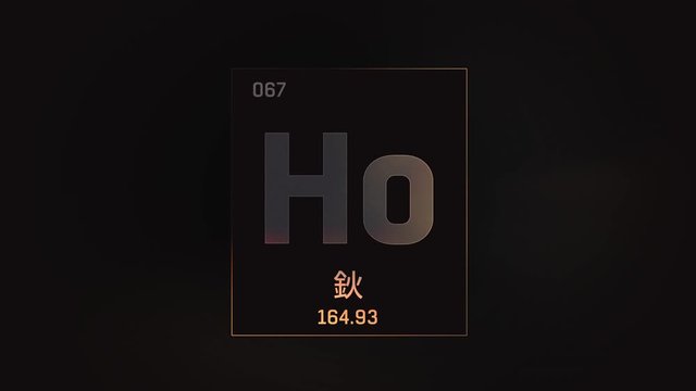 Holmium as Element 67 of the Periodic Table. Seamlessly looping 3D animation on grey illuminated atom design background orbiting electrons name, atomic weight element number in Chinese language