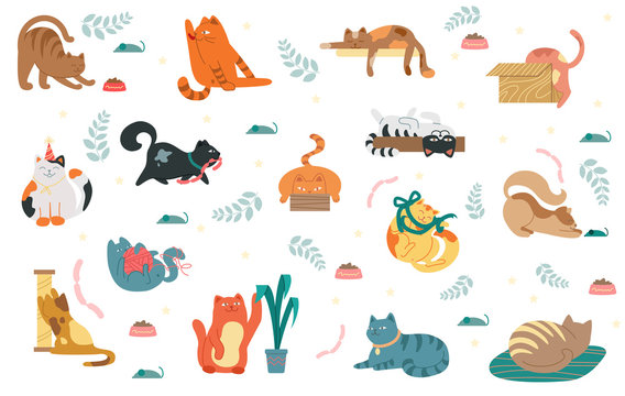 Large collection of colorful cat icons showing various different breeds and activities isolated on white for design elements, vector illustration
