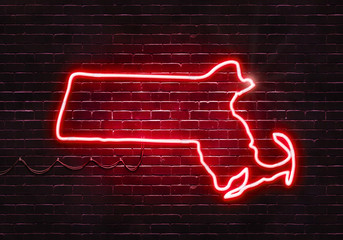 Neon sign on a brick wall in the shape of Massachusetts.(illustration series)