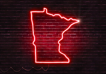 Neon sign on a brick wall in the shape of Minnesota.(illustration series)