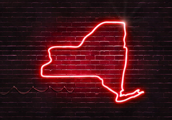 Neon sign on a brick wall in the shape of New York.(illustration series)
