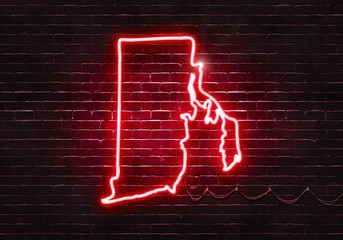 Neon sign on a brick wall in the shape of Rhode Island.(illustration series)
