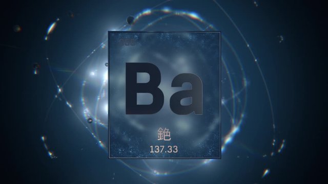 Barium as Element 56 of the Periodic Table. Seamlessly looping 3D animation on blue illuminated atom design background orbiting electrons name, atomic weight element number in Chinese language