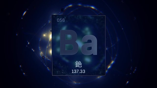 Barium as Element 56 of the Periodic Table. Seamlessly looping 3D animation on blue illuminated atom design background orbiting electrons name, atomic weight element number in Chinese language