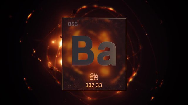 Barium as Element 56 of the Periodic Table. Seamlessly looping 3D animation on orange illuminated atom design background orbiting electrons name, atomic weight element number in Chinese language