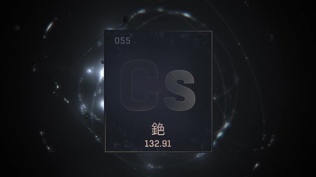 Cesium as Element 55 of the Periodic Table. Seamlessly looping 3D animation on silver illuminated atom design background orbiting electrons name, atomic weight element number in Chinese language