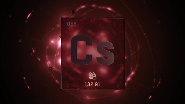 Cesium as Element 55 of the Periodic Table. Seamlessly looping 3D animation on red illuminated atom design background orbiting electrons name, atomic weight element number in Chinese language