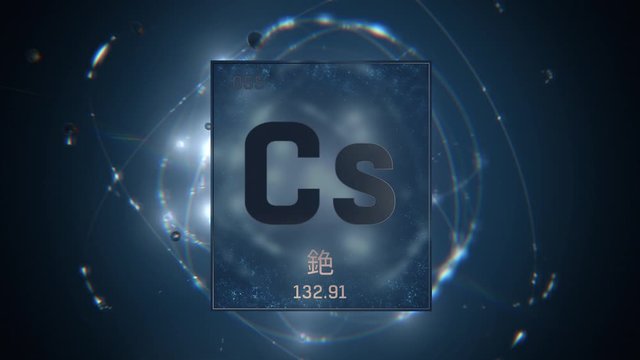 Cesium as Element 55 of the Periodic Table. Seamlessly looping 3D animation on blue illuminated atom design background orbiting electrons name, atomic weight element number in Chinese language