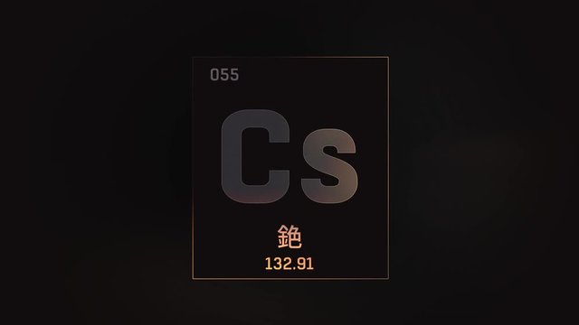 Cesium as Element 55 of the Periodic Table. Seamlessly looping 3D animation on grey illuminated atom design background orbiting electrons name, atomic weight element number in Chinese language