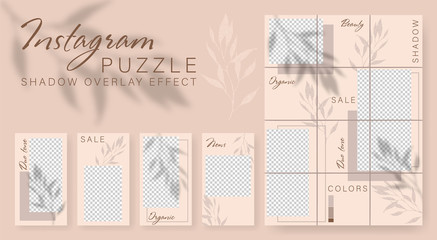 Instagram puzzle. Design backgrounds for social media banner. Set Instagram stories and post frame templates.Vector cover. Mockup for personal blog or shop. Shadow overlay effect Endless square puzzle