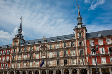 Naklejka premium Beautiful antique buildings around Plaza Mayor at Madrid city center
