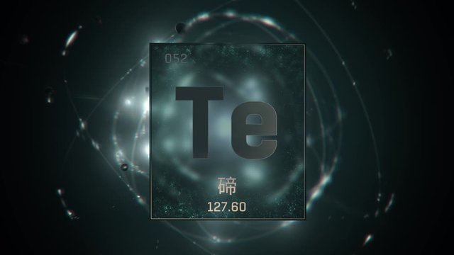 Tellurium as Element 52 of the Periodic Table. Seamlessly looping 3D animation on green illuminated atom design background orbiting electrons name, atomic weight element number in Chinese language