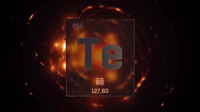 Tellurium as Element 52 of the Periodic Table. Seamlessly looping 3D animation on orange illuminated atom design background orbiting electrons name, atomic weight element number in Chinese language