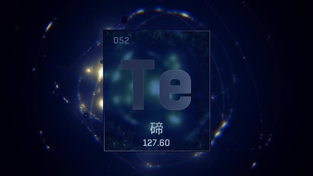 Tellurium as Element 52 of the Periodic Table. Seamlessly looping 3D animation on blue illuminated atom design background orbiting electrons name, atomic weight element number in Chinese language