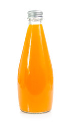 Orange juice in glass bottle isolated on white background