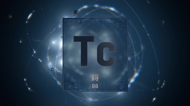 Technetium as Element 43 of the Periodic Table. Seamlessly looping 3D animation on blue illuminated atom design background orbiting electrons name, atomic weight element number in Chinese language