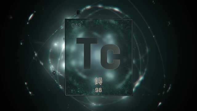 Technetium as Element 43 of the Periodic Table. Seamlessly looping 3D animation on green illuminated atom design background orbiting electrons name, atomic weight element number in Chinese language