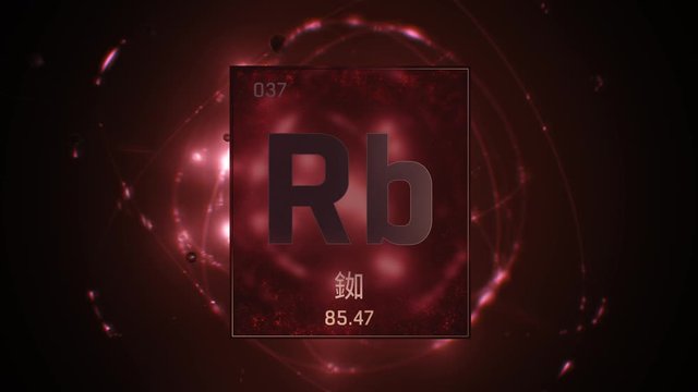 Rubidium as Element 37 of the Periodic Table. Seamlessly looping 3D animation on red illuminated atom design background orbiting electrons name, atomic weight element number in Chinese language