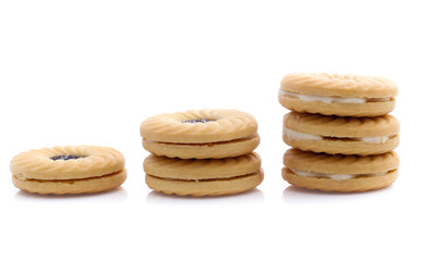 Jam sandwich biscuit from above isolated on white