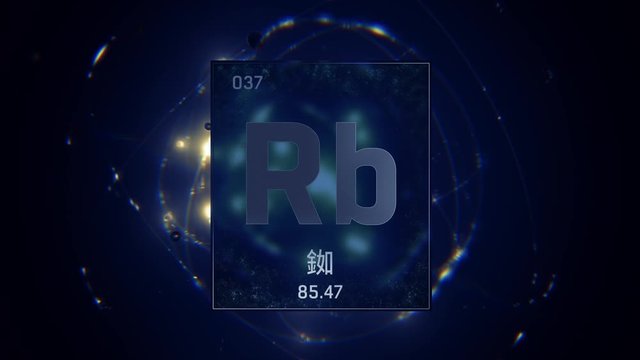 Rubidium as Element 37 of the Periodic Table. Seamlessly looping 3D animation on blue illuminated atom design background orbiting electrons name, atomic weight element number in Chinese language