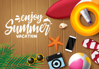 Enjoy summer vector banner design. Enjoy summer vacation text with beach element like floater, camera, beach ball, sunglasses, flip flop, surf board, and palm leaves in wood texture background. 