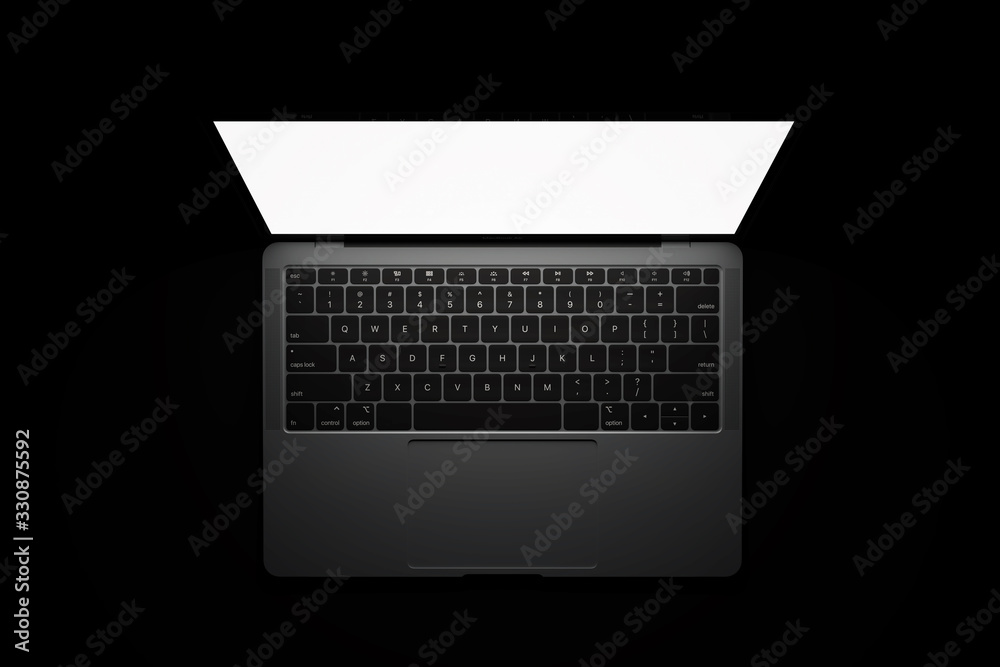 Poster modern computer laptop open white screen night black background light from screen for present advert