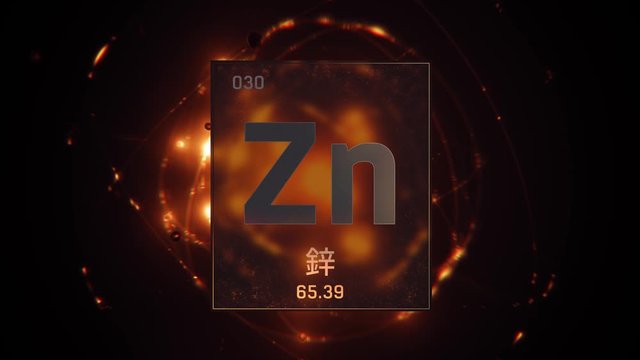Zinc as Element 30 of the Periodic Table. Seamlessly looping 3D animation on orange illuminated atom design background with orbiting electrons. Design shows name, atomic weight and element number