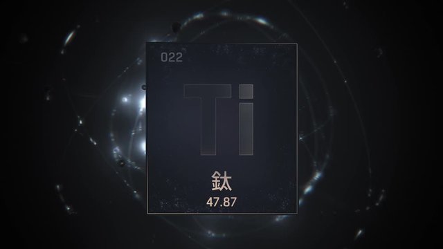 Titanium as Element 22 of the Periodic Table. Seamlessly looping 3D animation on silver illuminated atom design background orbiting electrons name, atomic weight element number in Chinese language
