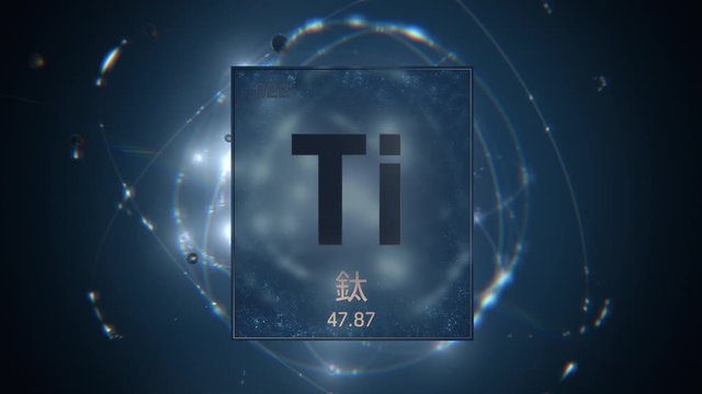 Titanium as Element 22 of the Periodic Table. Seamlessly looping 3D animation on blue illuminated atom design background orbiting electrons name, atomic weight element number in Chinese language