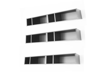 Wooden shelf on vintage concrete wall background.