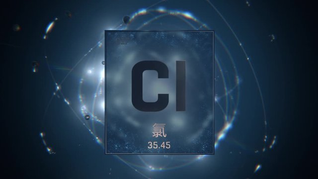 Chlorine as Element 17 of the Periodic Table. Seamlessly looping 3D animation on silver illuminated atom design background orbiting electrons name, atomic weight element number in Chinese language