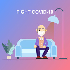 Elderly retirement wear masks protection fight covid-19 sitting comfortable for a healthy family concept. flat character. Abstract people. Health and medical.