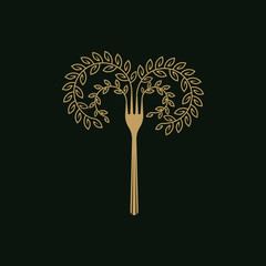 Abstract vector graphic illustration of a fork in the shape of a blossoming tree with branches and leaves. Can be used as a logo sign, graphic design part of different projects.