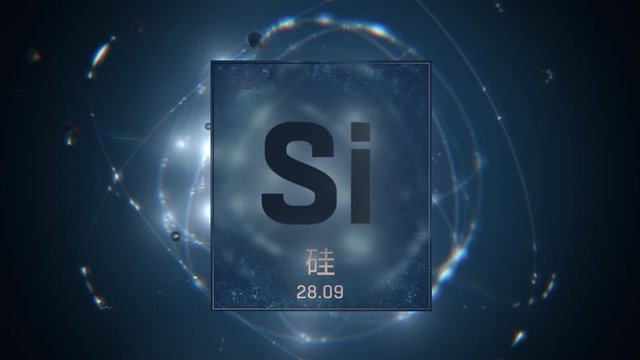 Silicon as Element 14 of the Periodic Table. Seamlessly looping 3D animation on blue illuminated atom design background orbiting electrons name, atomic weight element number in Chinese language