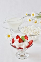 cheese cream. whipped curd cream with strawberries. Homemade cottage cheese is whipped with cream. Chamomile flowers. A useful dessert. On a light background.