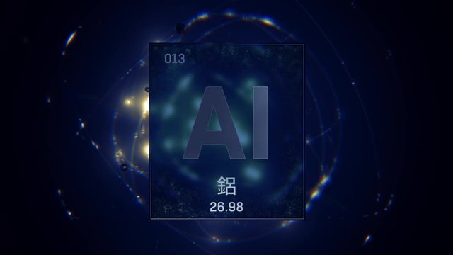 Aluminium as Element 13 of the Periodic Table. Seamlessly looping 3D animation on blue illuminated atom design background orbiting electrons name, atomic weight element number in Chinese language