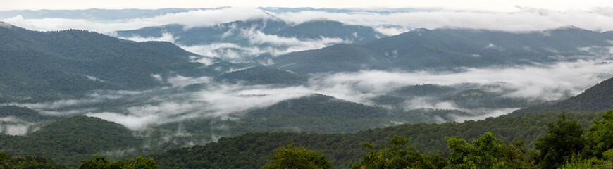 Panoramic view of the Smoky mountains in North Carolina with clouds on the ridges
