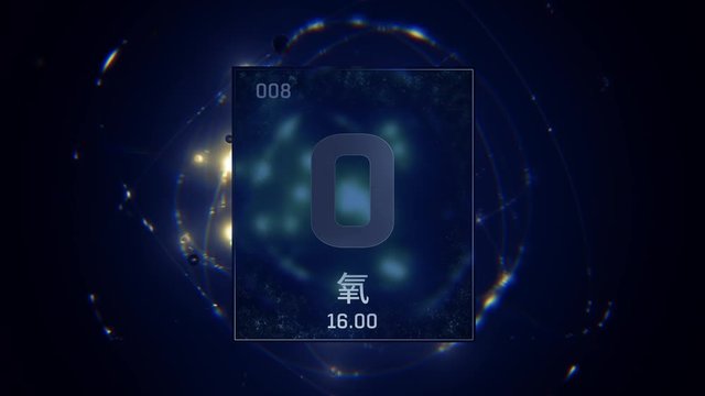 Oxygen as Element 8 of the Periodic Table. Seamlessly looping 3D animation on blue illuminated atom design background orbiting electrons name, atomic weight element number in Chinese language
