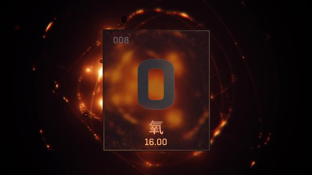 Oxygen as Element 8 of the Periodic Table. Seamlessly looping 3D animation on orange illuminated atom design background orbiting electrons name, atomic weight element number in Chinese language