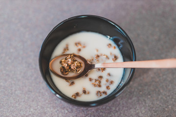 plant-based breakfast ideas, dark chocolate coated granola with oat milk