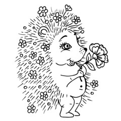 Doodle cute hedgehog with a flower and flowers in needles black outline on a white background