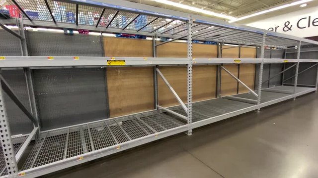 Completely Empty Shelf In Grocery Store. Supermarket Supply Out Of Stock