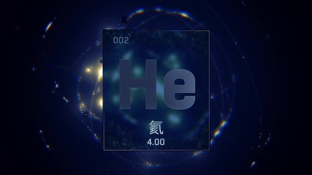 Helium as Element 2 of the Periodic Table. Seamlessly looping 3D animation on blue illuminated atom design background orbiting electrons name, atomic weight element number in Chinese language