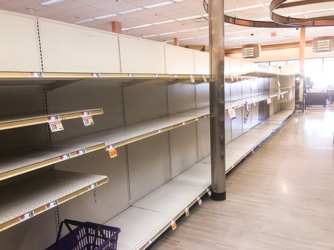 Boston,MA/ USA - March 16, 2020: Empty Grocery Store Shelves Because Of The Panic And Overpurchase Due To Novel Coronavirus COVID 19 Fears