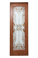 The door is made of brown wood with a glass insert with patterns on a white background