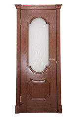 The door is made of brown wood with a glass insert on a white background