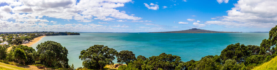 View to North Shore Landscape and Rangitoto Island from North Head Devonport, New Zealand.