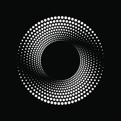 White vector halftone dots in circle form. Geometric art. Trendy design element for border frame, logo, tattoo, sign, symbol, web pages, prints, posters, template, pattern and abstract background