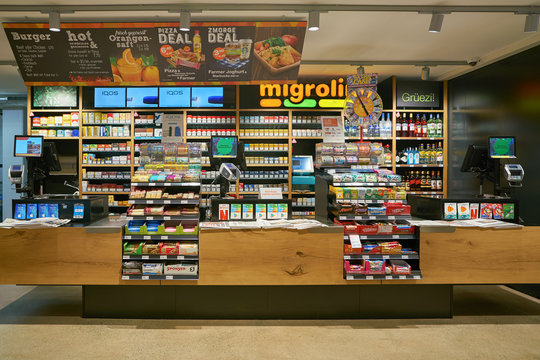 ZURICH, SWITZERLAND - CIRCA OCTOBER, 2018: interior shot of Migrolino convenience store.
