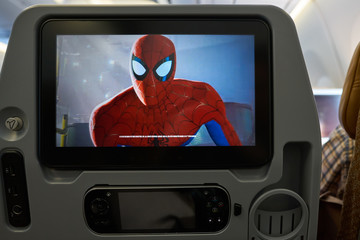 Obraz premium HONG KONG - CIRCA APRIL, 2019: seat back screen in economy class on Singapore Airplines Airbus A350.